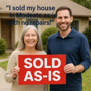 Smiling older woman and younger man holding a red ‘SOLD AS-IS’ sign in front of a house in Modesto. Cash Home Buyers Modesto.