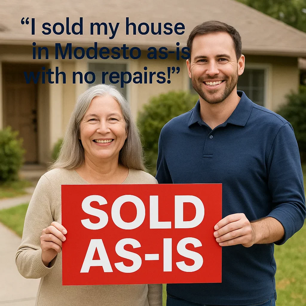 Smiling older woman and younger man holding a red ‘SOLD AS-IS’ sign in front of a house in Modesto. Cash Home Buyers Modesto.