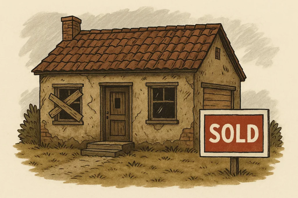 Distressed Santa Rosa home with boarded windows, overgrown lawn, and SOLD sign — purchased fast for cash by local home buyer. Sell my house fast Santa Rosa. We buy houses Santa Rosa.