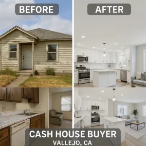 Before and after photo of a renovated home in Vallejo, CA by cash house buyer R&H Distressed Properties showing transformation from distressed to modern, updated condition
