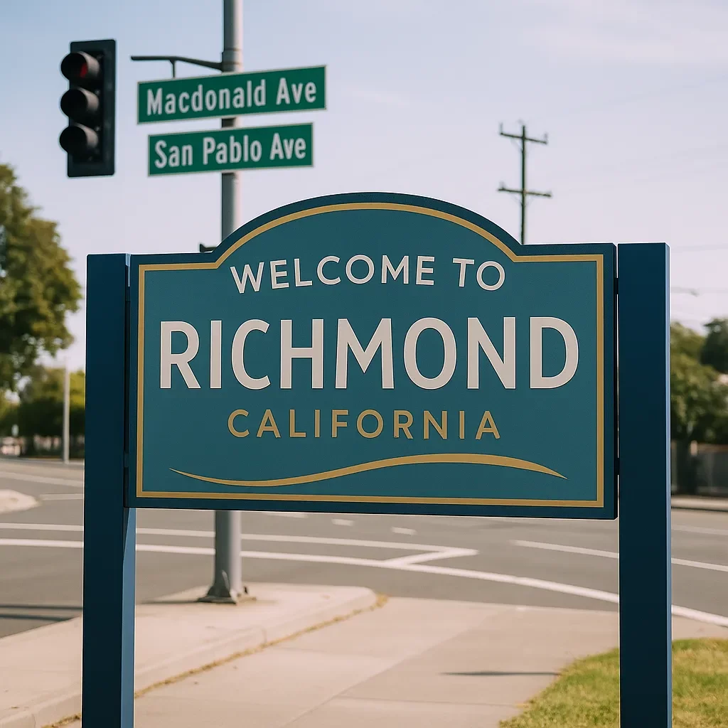 Welcome to Richmond, California street sign at a sunny urban intersection with trees and traffic lights — R&H Distressed Properties local cash home buyer. Sell My House Fast Richmond California