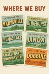 Postcard-style image showing cities where we buy houses in Yuba County, CA — including Marysville, Olivehurst, Linda, Plumas Lake, Wheatland, Challenge-Brownsville, and Dobbins.