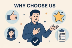 Why Choose Us graphic showing a man pointing to icons like thumbs-up, customer support, checklist, and star — representing trusted local home buyer services in Vallejo, CA.