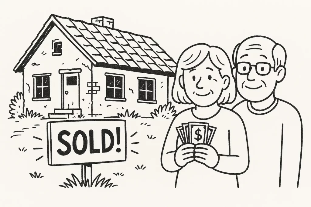 A recently sold house in San Francisco with a "Sold As-Is" sign out front. The image shows a happy seller standing near the entrance, with classic San Francisco architecture and hilly streets in the background. Sell My House Fast San Francisco. We Buy Homes Fast