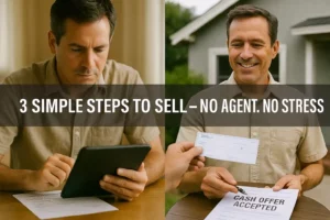 Split image of a homeowner filling out a form on a tablet and receiving a check after signing a cash offer, illustrating the simple 3-step house selling process without an agent