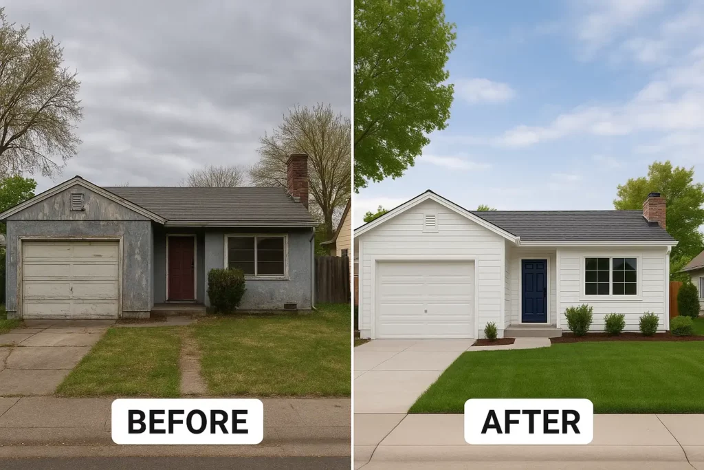 Before and after photo of an inherited house in Sacramento showing transformation from a worn-down exterior to a freshly renovated home. Sell my house Sacramento – We buy houses as-is.