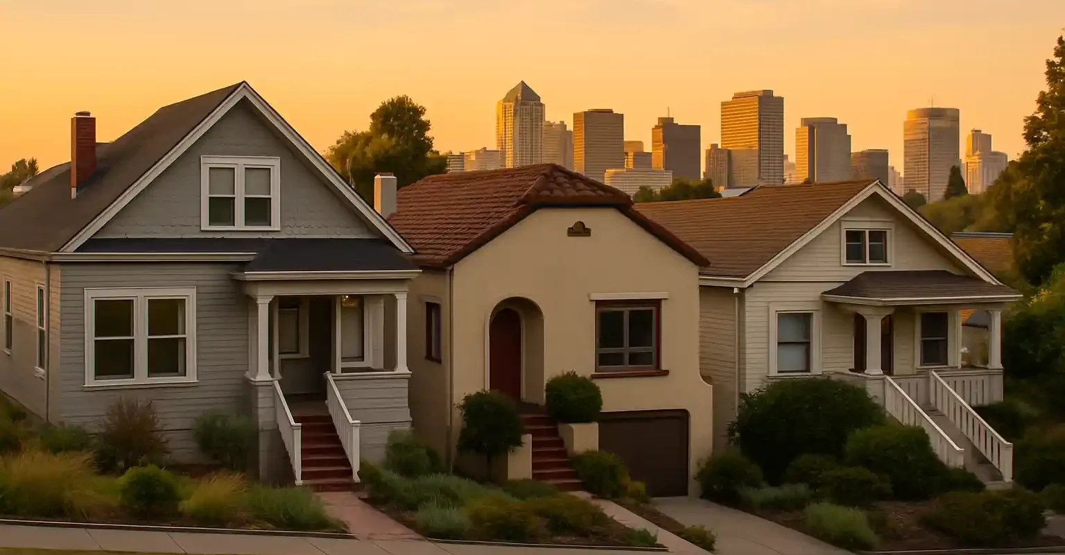 Row of older homes in Oakland CA with city skyline at sunset, ideal for Sell My House Fast Oakland services.