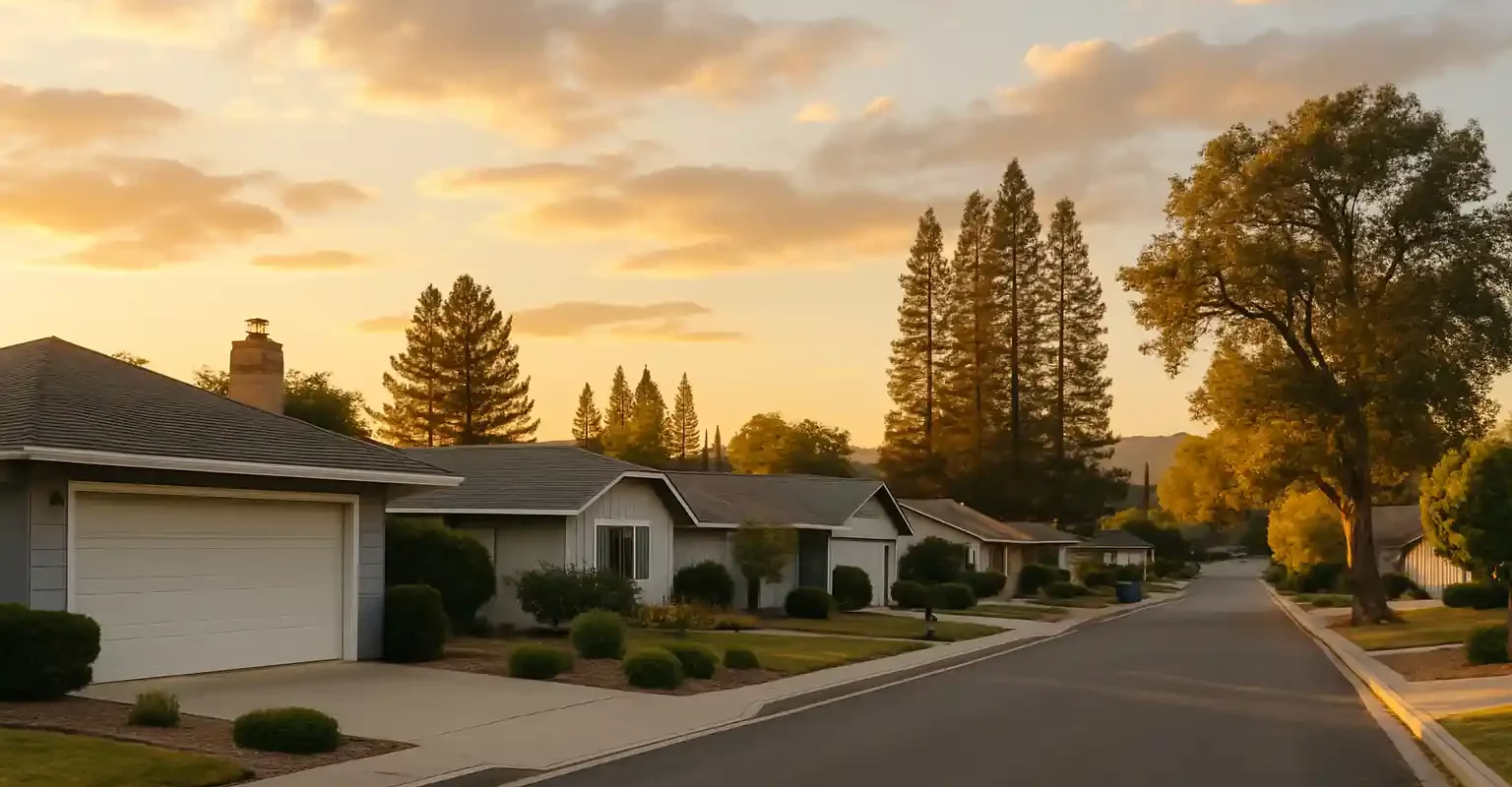 Suburban street in Atascadero CA with single-story homes and tall trees at sunset, for We Buy Houses Atascadero.