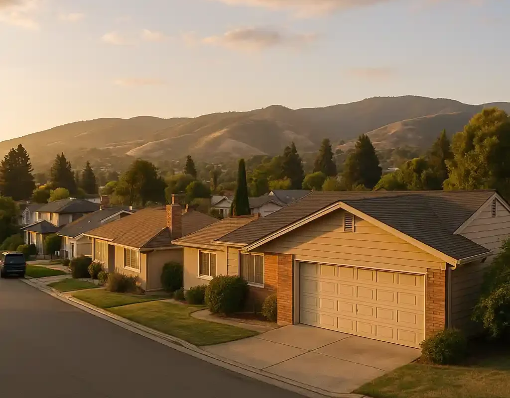We buy houses Castro Valley CA — cash home buyer image of suburban homes at sunset.