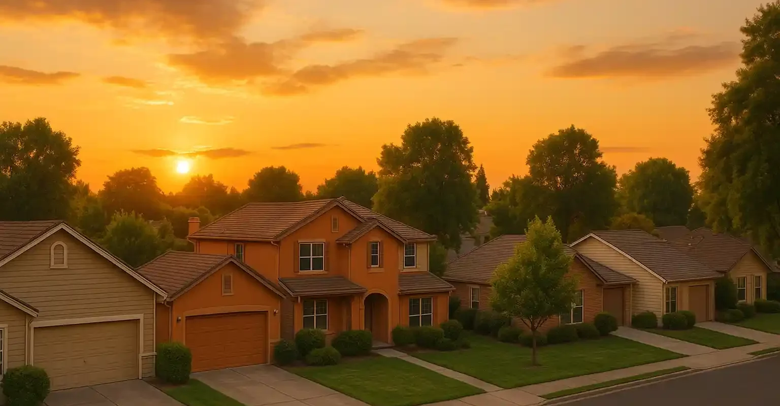 Golden hour view of suburban homes in Modesto CA, representing We Buy Houses Modesto services.