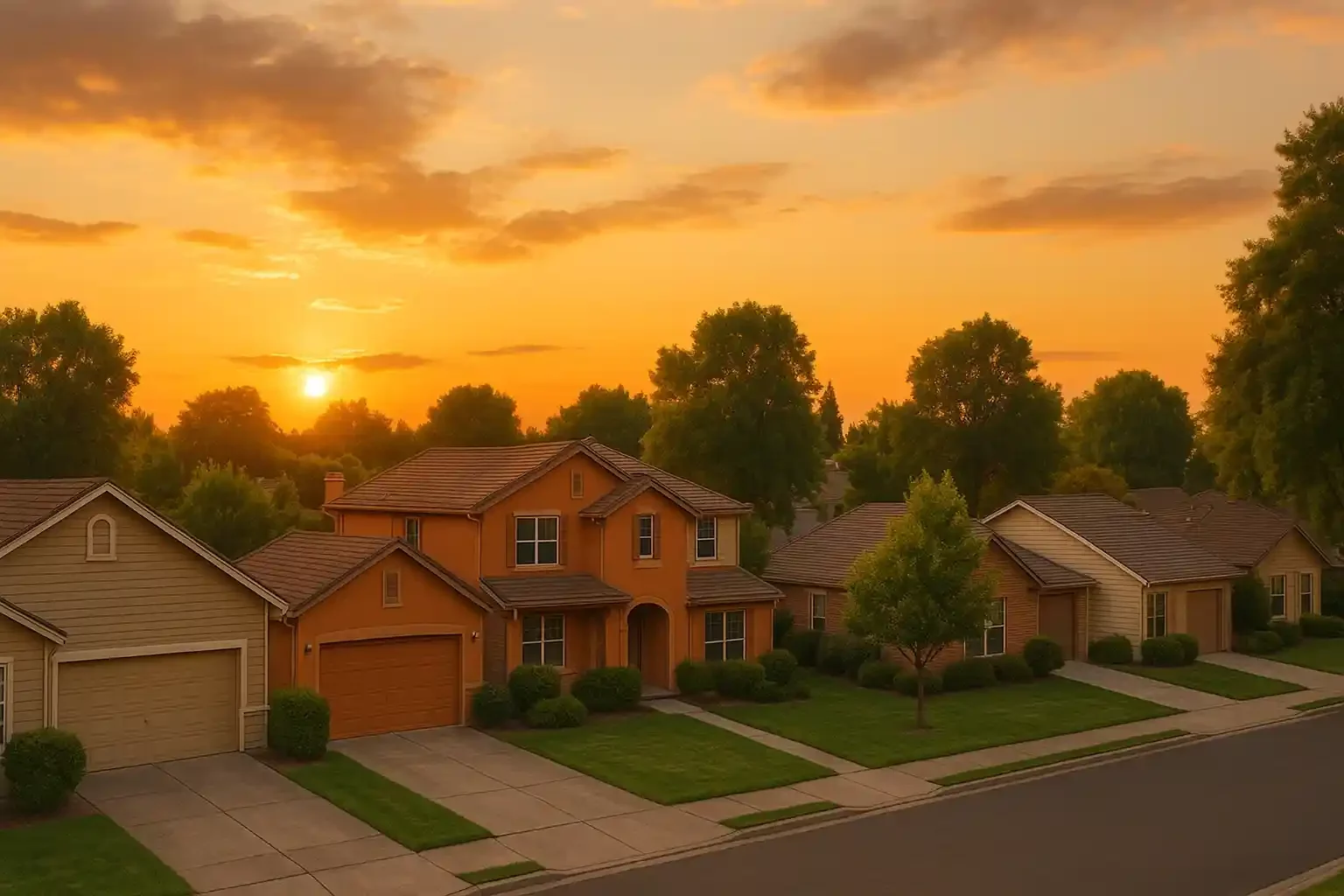 Golden hour view of suburban homes in Modesto CA, representing We Buy Houses Modesto services.