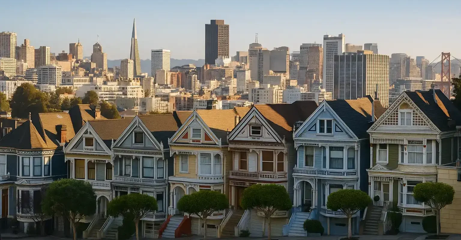 Victorian homes in San Francisco with skyline view, used by a local company that buys houses for cash.