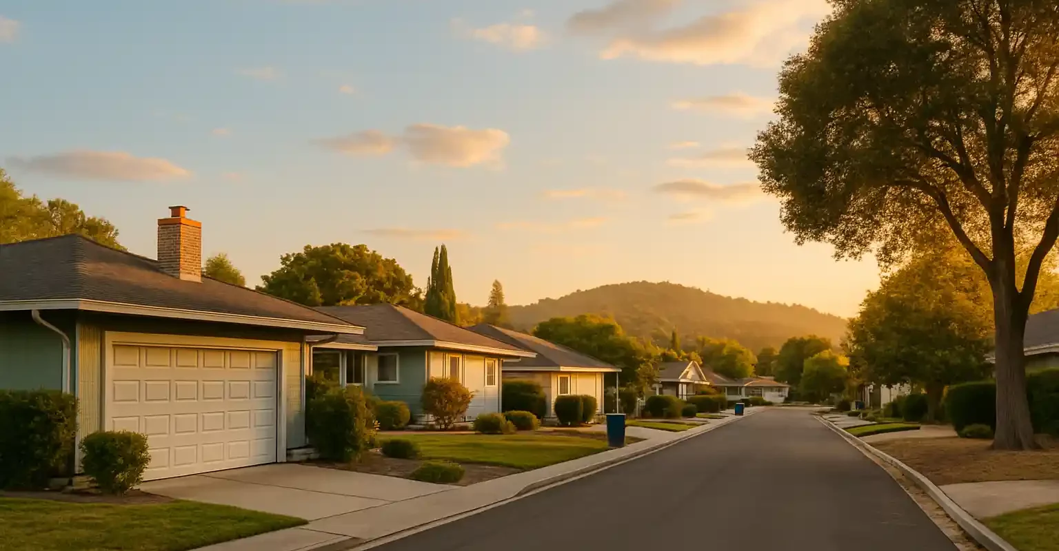 We Buy Houses San Rafael CA — image of single-story home on a quiet residential street at sunset.