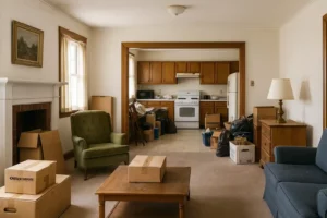 Interior of a cluttered older California home with boxes, worn furniture, and kitchen items scattered on counters—used to illustrate selling a house with everything still inside.