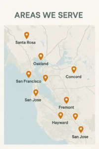 Map highlighting Bay Area cities served by local cash home buyers