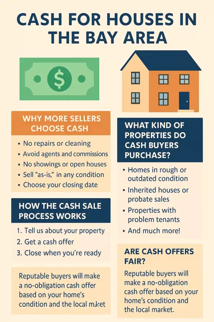 Infographic explaining how cash for houses works in the Bay Area, including benefits, process steps, and types of properties accepted, with illustrations of a house and dollar bill.
