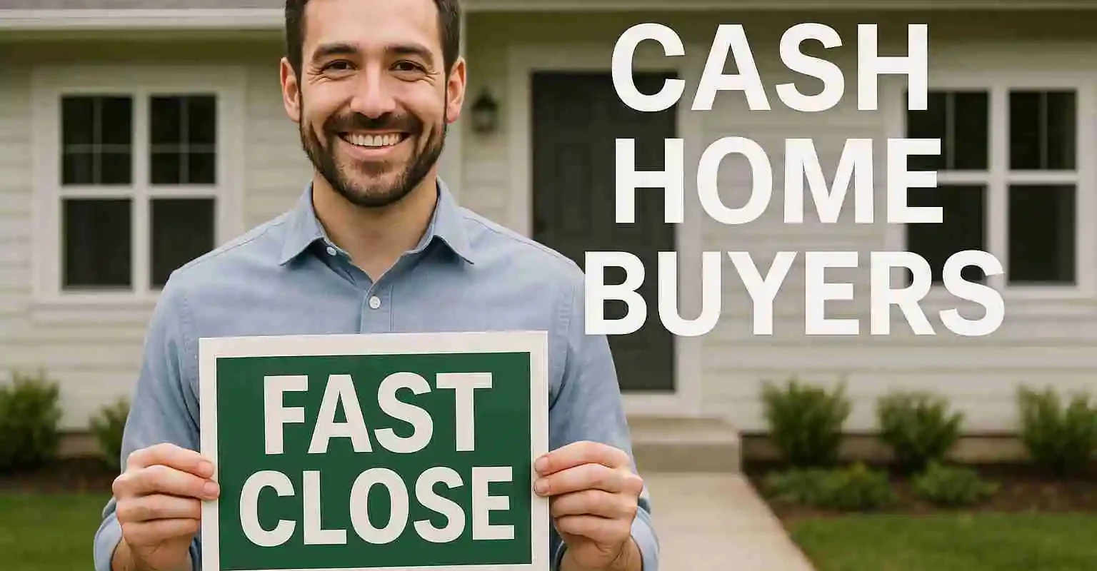 Man holding a FAST CLOSE sign in front of a house — Cash Home Buyers Bay Area