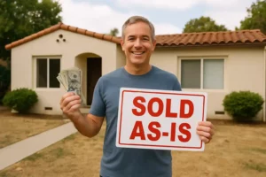smiling homeowner holding a "Sold As-Is" sign in front of a California ranch-style home after selling to cash home buyers in the Bay Area