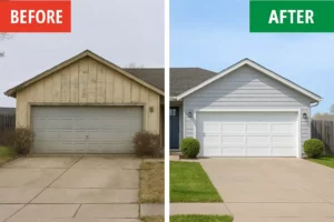 Before and after image of a Bay Area home showing why homeowners call cash home buyers—left side shows a rundown, overgrown property; right side shows the same house fully renovated with fresh paint, new roof, and clean landscaping.