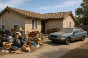 How To Clean Up After a Hoarder Dies – California-style hoarder house with junk and trash piled outside, including a junk car in the driveway.