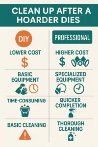 Clean Up After a Hoarder Dies – Infographic comparing DIY vs. professional hoarder cleanup, highlighting differences in cost, equipment, safety, time, and effectiveness.