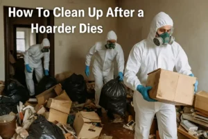 How To Clean Up After a Hoarder Dies – Professional cleaners in hazmat suits removing junk from a cluttered hoarder house.