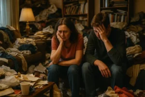 Concerned parent and child in a cluttered California home facing legal risk from a hoarder house, surrounded by piles of clothes, papers, and trash.