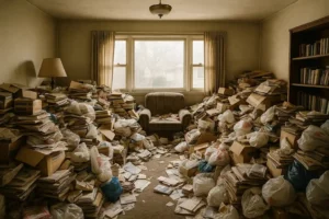 Cluttered living room inside a hoarder house in California, showing boxes, trash, and furniture piled throughout the space – for blog "Do People Buy Hoarder Houses?"