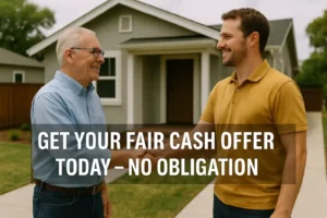 Homeowner smiling and shaking hands with a buyer outside a Bay Area house, with overlay text that reads “Get Your Fair Cash Offer Today – No Obligation