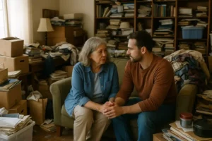An elderly woman and her adult son sit on a couch surrounded by clutter and boxes, holding hands and sharing a heartfelt conversation. This emotional scene highlights the family support involved in the decision to sell a hoarder house.
