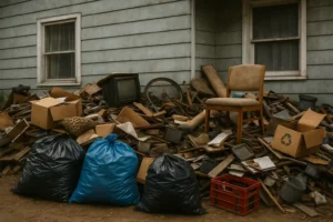 Cluttered front yard of a hoarder’s house with piles of discarded furniture, bags, and boxes scattered outside a worn-down single-story home.