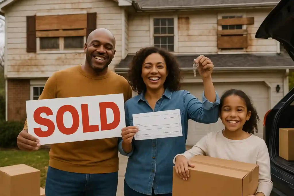 Relieved family stands outside their water-damaged home holding a “SOLD” sign and check after selling as-is.