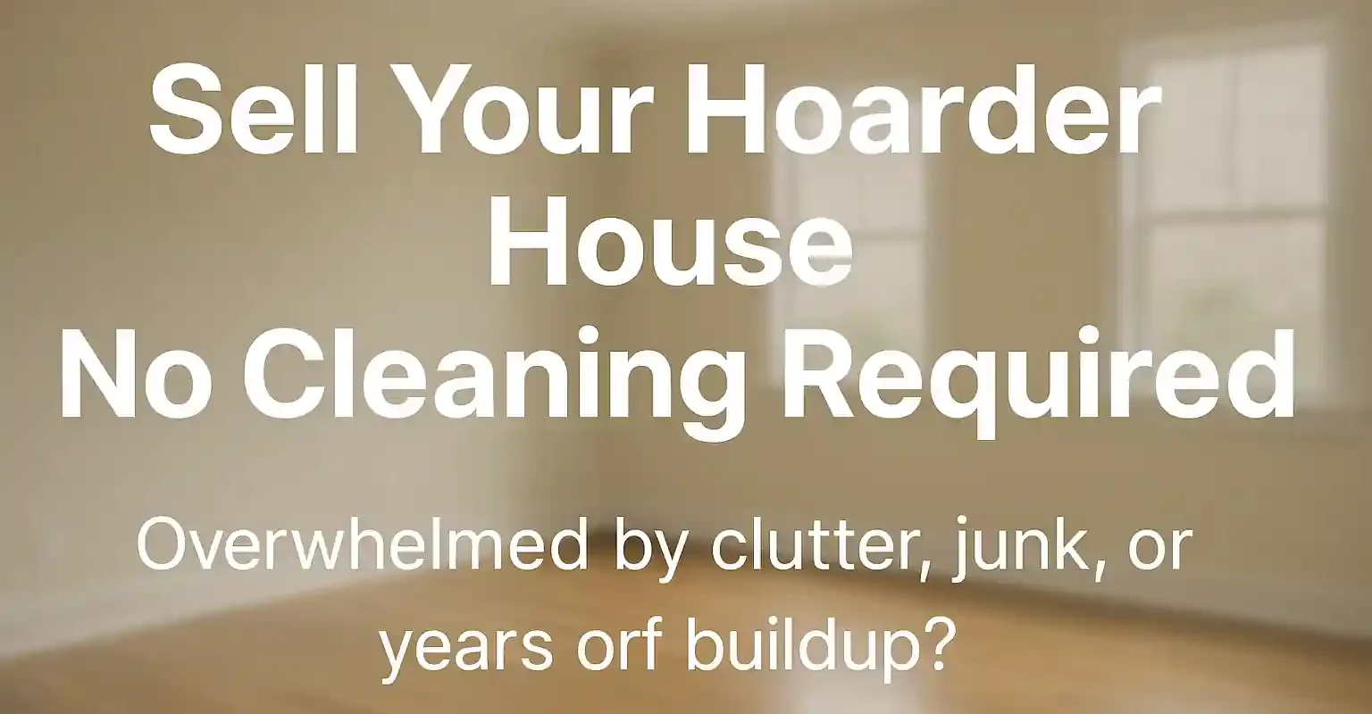 Clean, sunlit interior with bold text “No Cleaning Required” — hero image for Sell Hoarder House landing page.