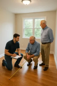 A home inspector measures the floor of a freshly cleaned bedroom while two older homeowners observe, preparing to sell a hoarder house. The scene captures a professional yet supportive inspection process in a well-lit, decluttered space.