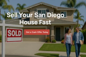 A happy couple walks away from a beige two-story San Diego home with a red "SOLD" sign in front, symbolizing a fast home sale. Overlaid text reads: “Sell Your San Diego House Fast – Get a Cash Offer Today.”