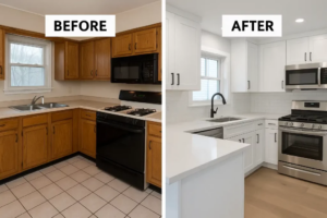 Side-by-side before and after kitchen remodel in Oakland showing transformation from outdated to modern with new cabinets, countertops, and appliances.