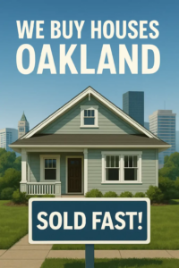 Oakland house with Sold Fast sign in front, promoting cash home buyers and fast home sales with no repairs or cleanup needed.