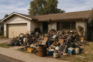 A cluttered California-style ranch house with visible junk piling up outside the garage and front yard, illustrating the potential challenges and visual impact tied to the Cost to Clean a Hoarder House.