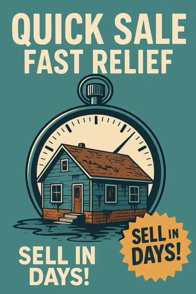 Illustration of a water-damaged house inside a large stopwatch with “Quick Sale” and “Sell in Days!” text, promoting fast cash offers for distressed homes.