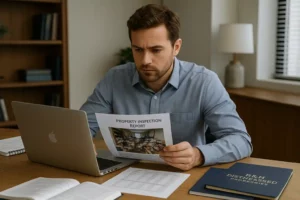 Real estate investor reviewing a hoarder house inspection report, analyzing legal risk and property condition at an office desk surrounded by documents and spreadsheets.