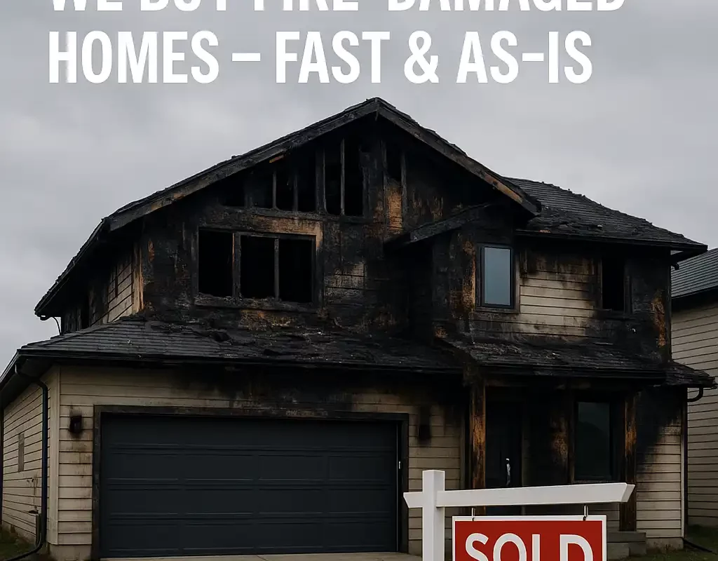 Fire-damaged modern California home with "Sold As-Is" sign in front