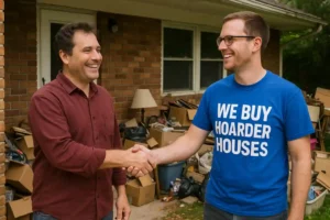 Happy seller shaking hands with a buyer wearing a "We Buy Hoarder Houses California" shirt outside a cluttered home — sell hoarder house and we buy hoarder houses image.