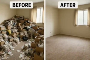 Before and after images of a hoarder house cleanup in California, showing a cluttered, junk-filled room transformed into a clean and empty living space — helping homeowners sell hoarder houses in California and the Bay Area.