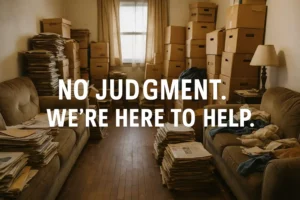 Cluttered living room filled with stacked boxes and narrow walkways — real interior of a sell hoarder house property.