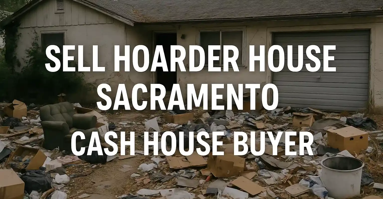 Cluttered Sacramento hoarder house with debris in front yard and headline "Sell Hoarder House Sacramento – Cash House Buyer"