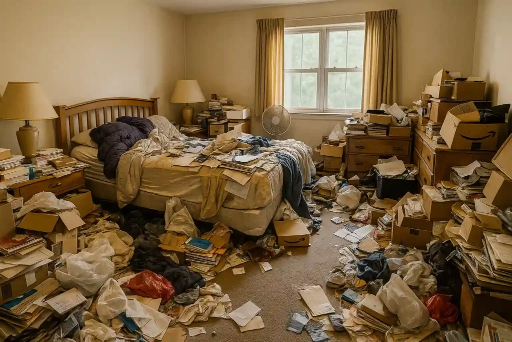 Cluttered bedroom in a hoarder house with belongings covering the bed, floor, and furniture, illustrating how hoarding disrupts the ability to use living spaces.