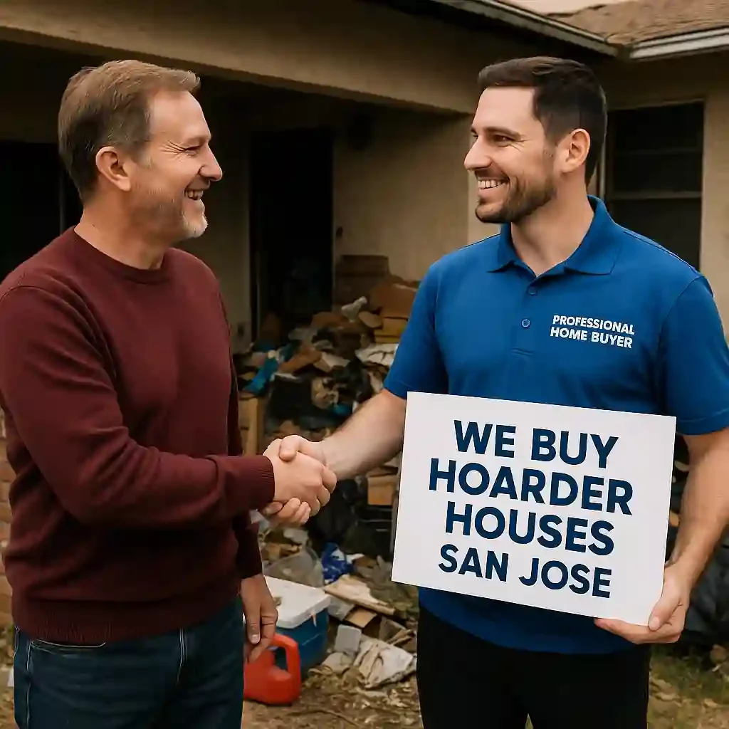 Happy family member shakes hands with a professional home buyer in front of a cluttered hoarder house in San Jose; buyer’s shirt reads "Professional Home Buyer – We Buy Hoarder Houses San Jose".
