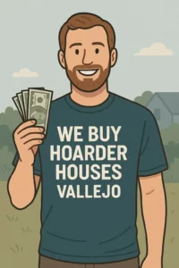 Cash home buyer wearing a "We Buy Hoarder Houses Vallejo" shirt offering fast cash to sell hoarder house Vallejo