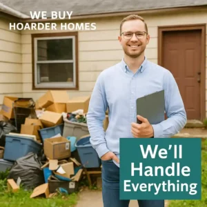 SEO-optimized alt text:
Smiling home buyer holding a clipboard outside a cluttered house — representing Sell Hoarder House “We’ll Handle Everything” service.