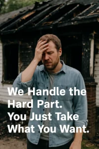 Concerned homeowner stands in front of a fire-damaged home, seeking property damage assistance to sell the burned house fast.